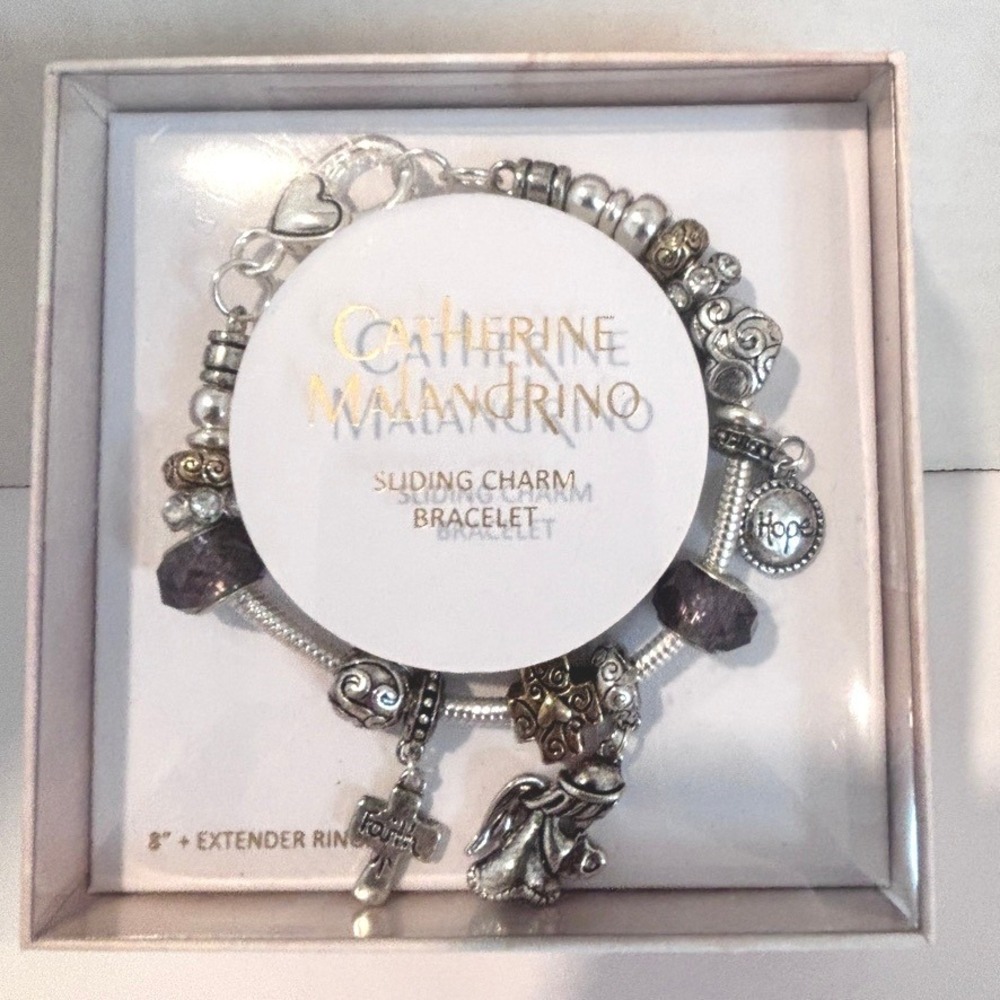 Catherine Malandrino 8" Faith Hope Sliding Charm Bracelet Angel Cross Beads NEW